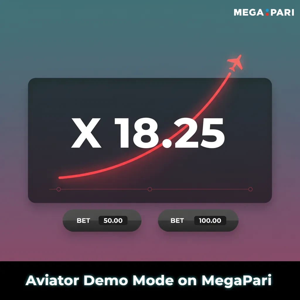 MegaPari Aviator Demo Mode screen with practice credits, auto cashout, and dual bet options.