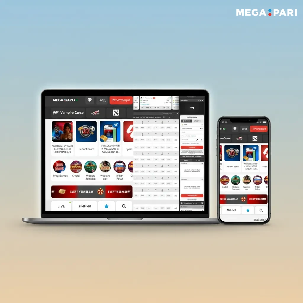 MegaPari UI with clean layout; top bar: Sports, Live, Casino, eSports, Promotions, Results, Payments, App on web and mobile