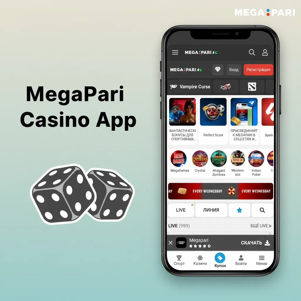 MegaPari Casino app with Sports/Casino tabs, live lobbies, Blackjack, Roulette, slots like Sweet Bonanza, and Promotions.