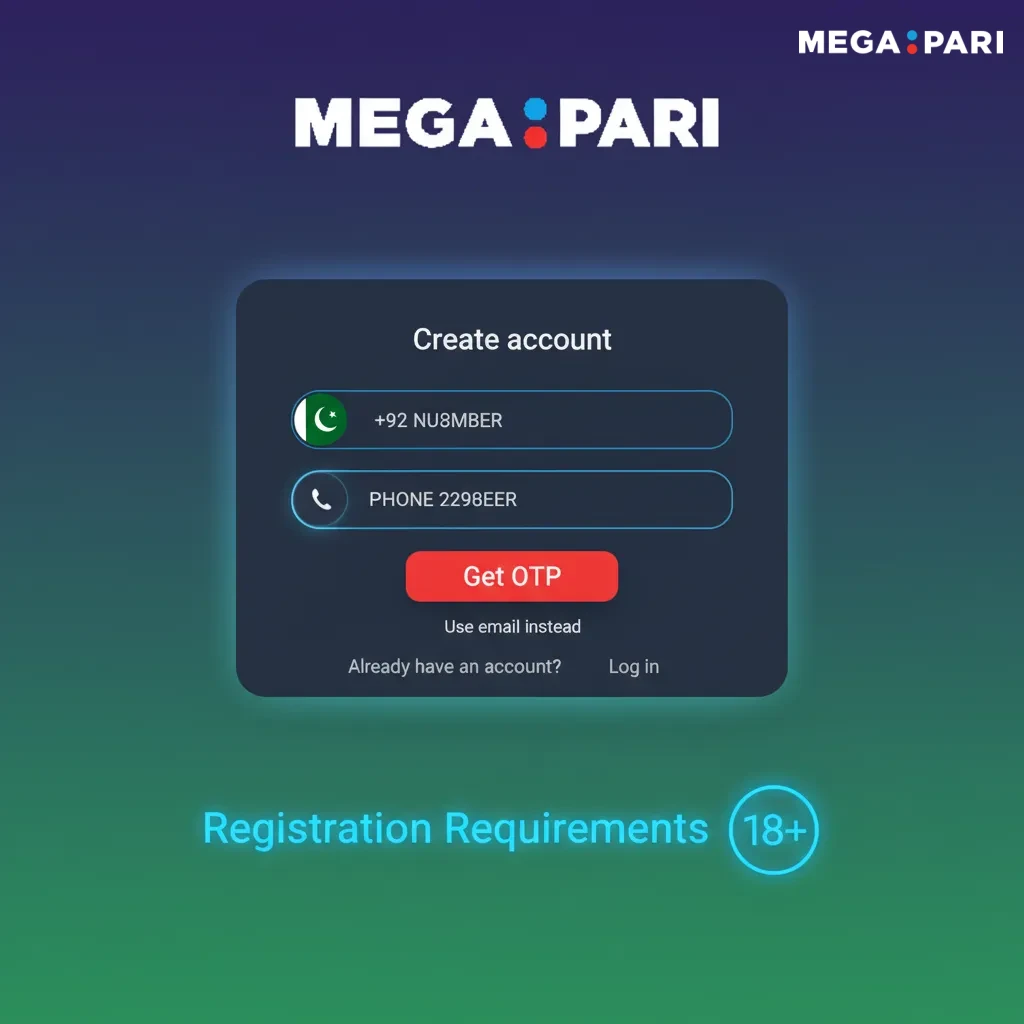 Infographic of MegaPari Pakistan registration rules: 18+, real data per ID, one account, recent ID/address proof, own payment