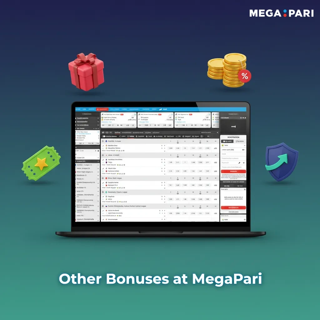 Graphic listing MegaPari bonuses: sports welcome, reload, free spins, cashback, accumulator boost, birthday; promo code 2025