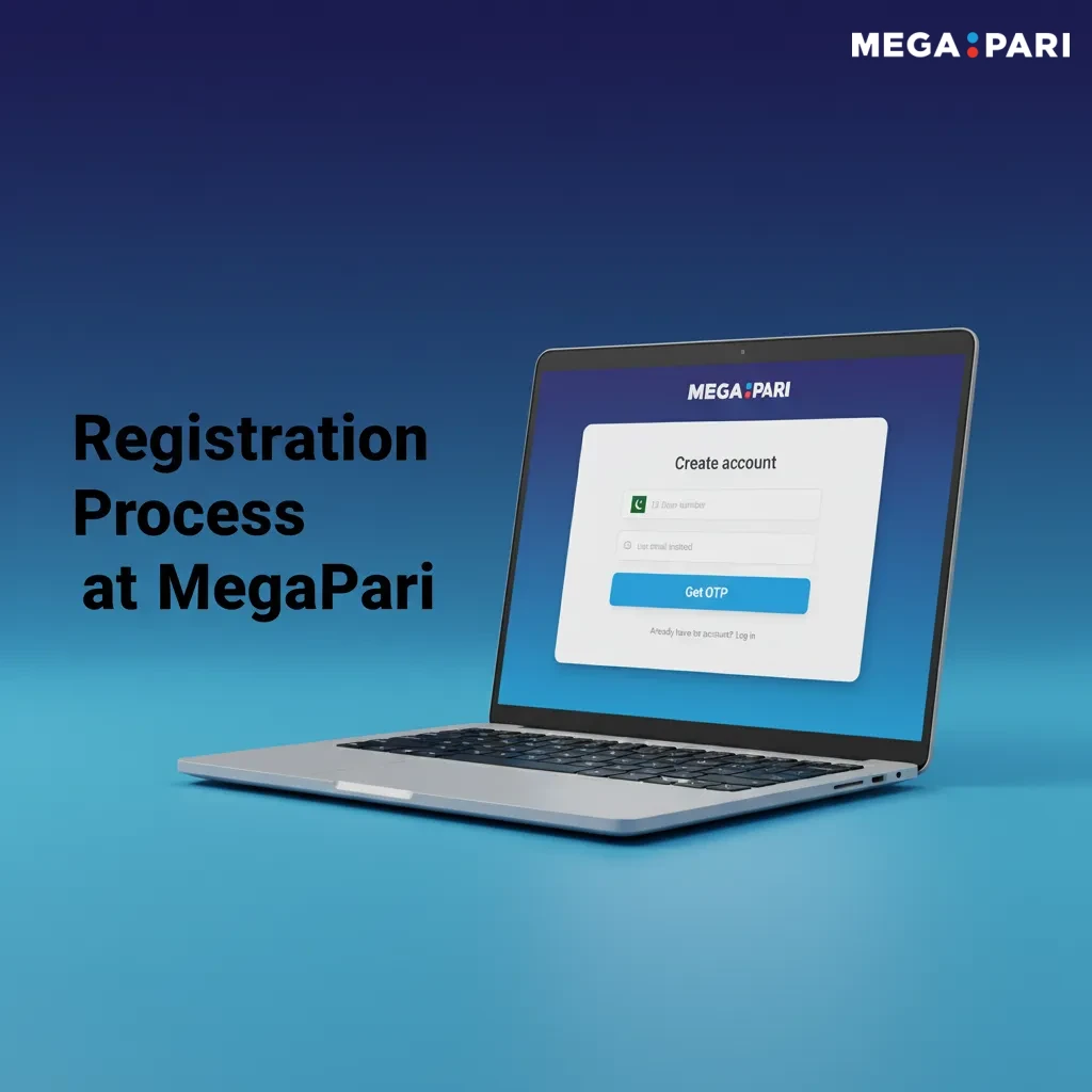 MegaPari registration steps: sign up; choose one-click/phone/email/social; enter details; set password, confirm age; submit.